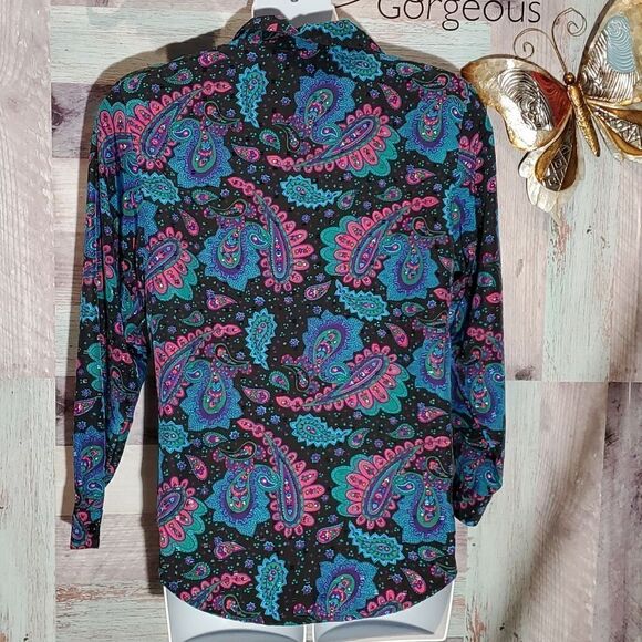 Ridge T Vintage Neon Print Satin Swiss Dot Blouse Sz XL Cottagecore Grannycore - Picture 6 of 8